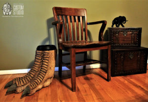 t-rex foot sculpture waste basket prop