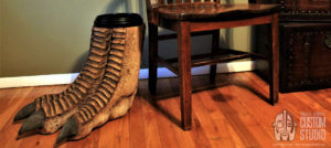 t-rex foot sculpture waste basket prop