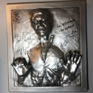 Sculpture created from original film prop, wall decoration of Han in Carbonite delivered by Boba Fett