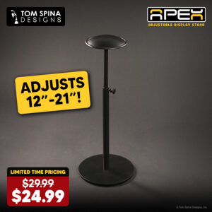 Helmet, mask and hat stands by Tom Spina Designs for movie prop and replica display