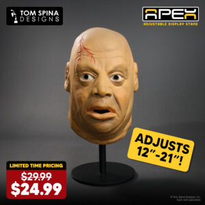 Helmet, mask and hat stands by Tom Spina Designs for movie prop and replica display