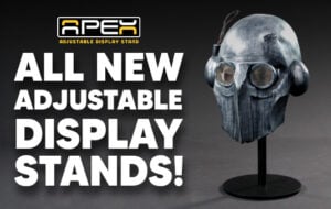 Helmet, mask and hat stands by Tom Spina Designs for movie prop and replica display