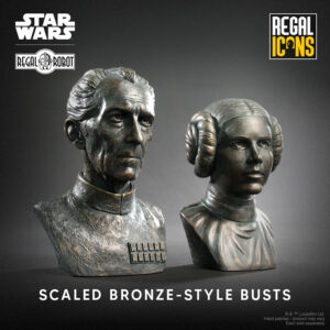 bronze resin mini-busts of Peter Cushing as Grand Moff Wilhuff Tarkin and Carrie Fisher as Princess Leia Organa
