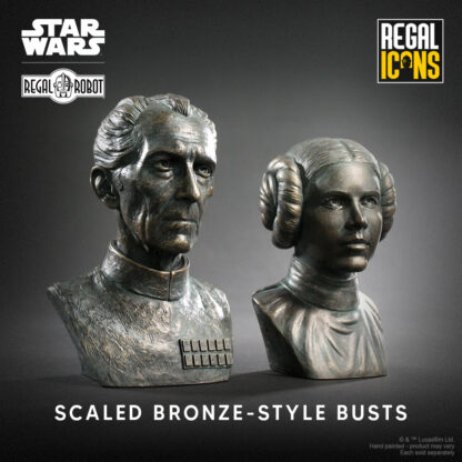 bronze resin mini-busts of Peter Cushing as Grand Moff Wilhuff Tarkin and Carrie Fisher as Princess Leia Organa