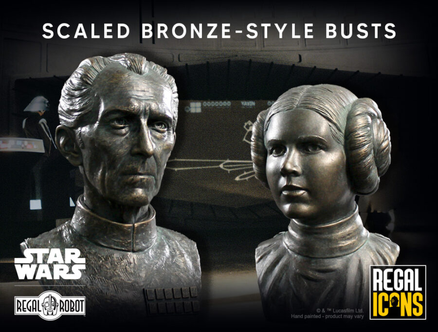 bronze resin mini-busts of Peter Cushing as Grand Moff Wilhuff Tarkin and Carrie Fisher as Princess Leia Organa