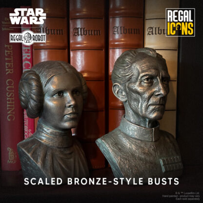 bronze resin mini-busts of Peter Cushing as Grand Moff Wilhuff Tarkin and Carrie Fisher as Princess Leia Organa