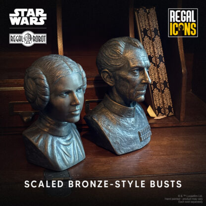 bronze resin mini-busts of Peter Cushing as Grand Moff Wilhuff Tarkin and Carrie Fisher as Princess Leia Organa