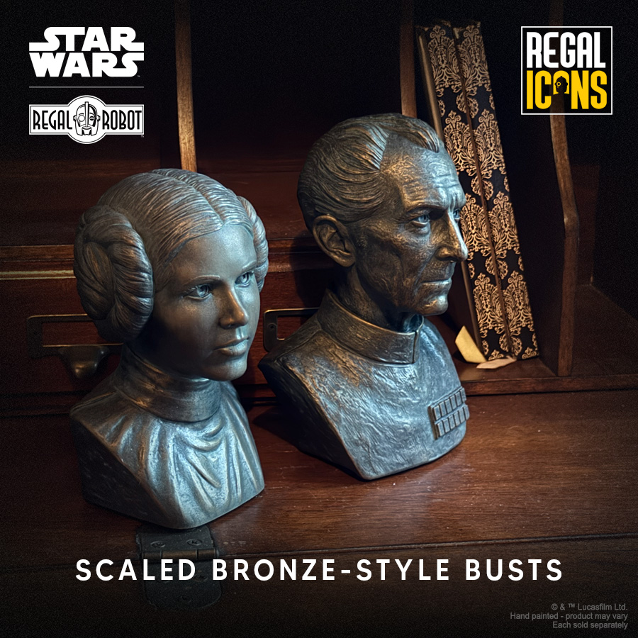 bronze resin mini-busts of Peter Cushing as Grand Moff Wilhuff Tarkin and Carrie Fisher as Princess Leia Organa
