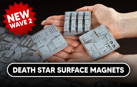 Death Star prop tiles as magnets and displays for Star Wars ship models and collectibles