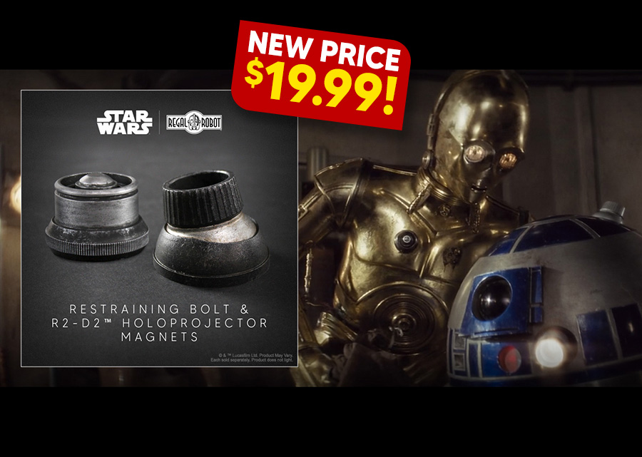 R2D2 and C-3PO magnets of the holoprojector and restraining bolt props