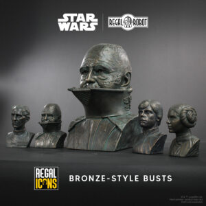 bronze Star Wars busts of Anakin Skywalker, Darth Vader, Luke Skywalker, Grand Moff Tarkin and Princess Leia