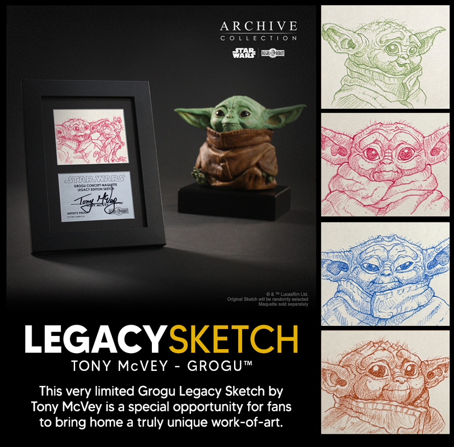 Grogu aka Baby Yoda statue and sketch from The Mandalorian movie