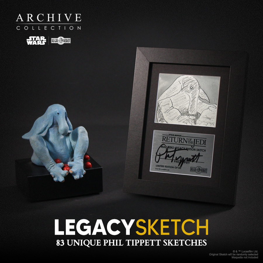 Max Rebo statue with sketch art by Phil Tippett