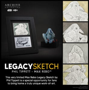 Max Rebo statue with sketch art by Phil Tippett