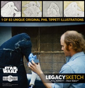 Max Rebo statue with sketch art by Phil Tippett