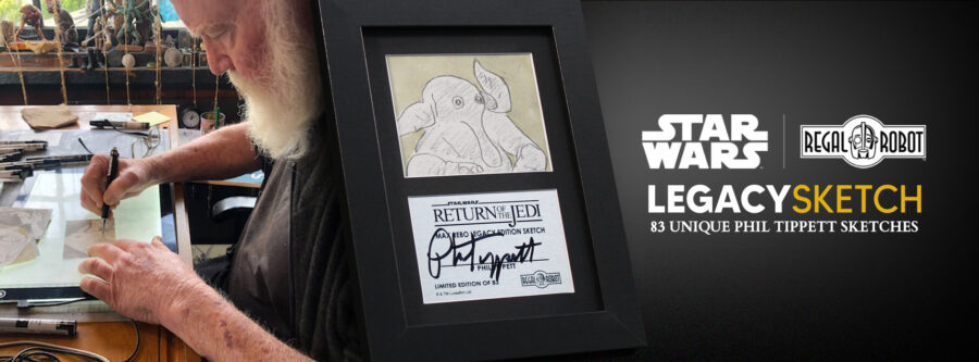 Max Rebo statue with sketch art by Phil Tippett