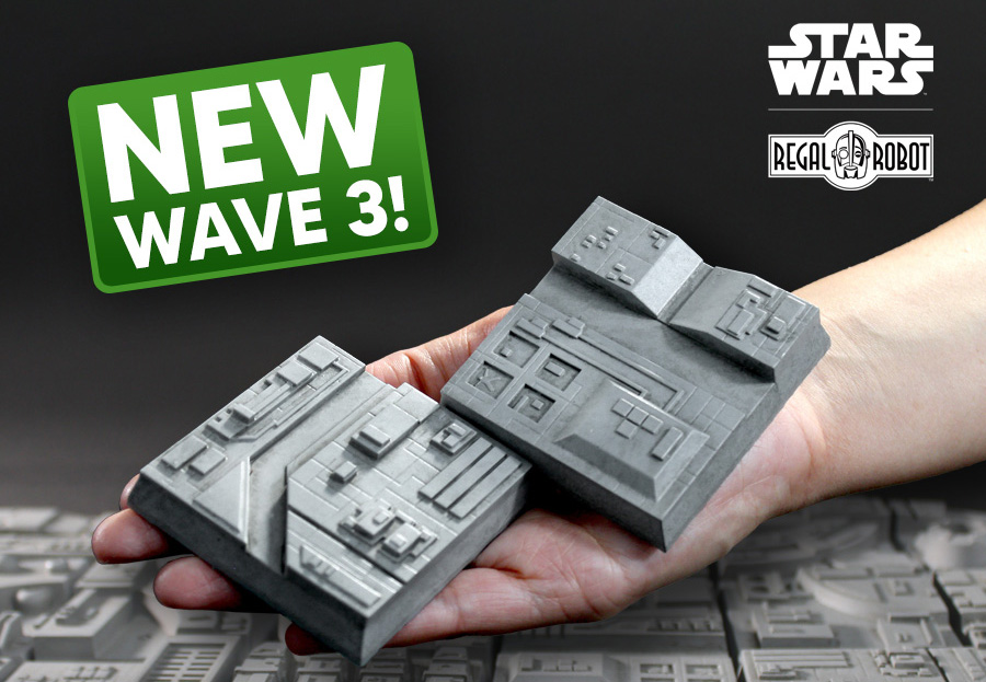 Death Star prop tiles as magnets and displays for Star Wars ship models and collectibles
