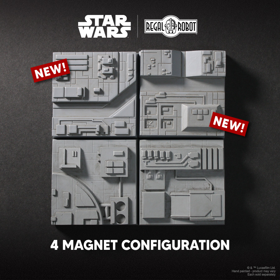 Death Star prop tiles as magnets and displays for Star Wars ship models and collectibles