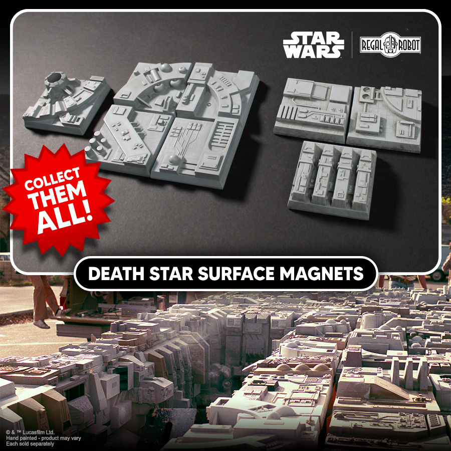 Death Star prop tiles as magnets and displays for Star Wars ship models and collectibles