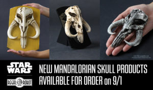 mandalorian skull sculpture, display stand and plaque